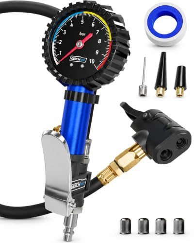 GERCHWAY Reifenfüller mit Manometer 0–10 bar für Presta/SV und Schrader/AV | Dualkopf mit Ventil-Adapter für französische Ventile, Druckluft für Luftkompressor, Fahrradpumpe-Zubehör für Fahrrad und Auto