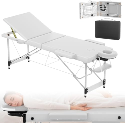 ACXIN Mobile Massageliege 3 Zonen klappbar und höhenverstellbar mit Aluminiumrahmen und 8,5 cm Polsterung bis 230 kg belastbar inklusive Kopfstütze, Armlehnen und Tragetasche (Weiß)