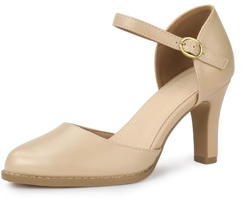IDIFU Nude Heels Closed Toe Beige Tan Chunky High Heels Comfortable Dress Shoes for Women Pumps Vintage Heels Dressy Wedding Prom Bridal Party Work Office Business D'Orsay Pumps Shoes (Nude Pu, 8.5)