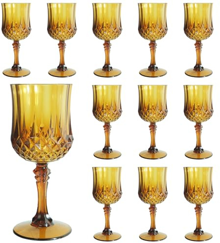 XXUE Plastic Wine Glasses Reusable | Vintage Goblets 207ml - Suitable for Wedding Receptions, Grand Events, Picnics & Disposable Party Supplies (12, Amber)