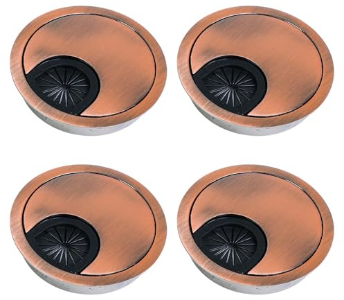 Selyse 4 pasacables para escritorio de 60 mm de metal con pasajes de goma, cubierta redonda para gestión de cables para oficina y encimera, fácil montaje (bronce rojo antiguo)