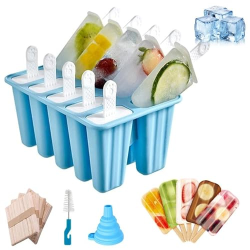 Stampi per ghiaccio 10 stampi riutilizzabili per gelato, idee fai da te, gelato, senza BPA, con spazzola per la pulizia e imbuto pieghevole in silicone (blu)