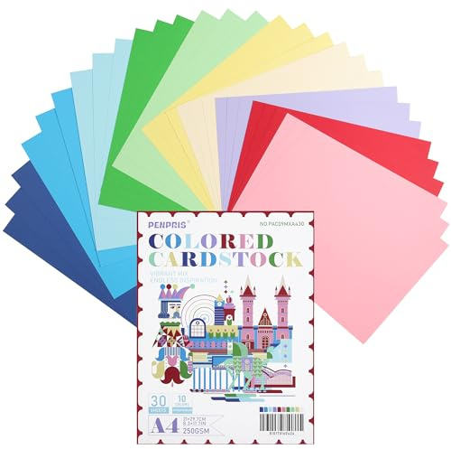 30 hojas de cartulina de color (A4, 250 g/m²), cartulina de 10 colores brillantes, papel plegable para niños y adultos, principiantes, proyectos de arte y manualidades (PAC09MXA430)