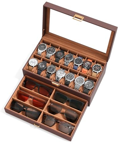 sensok Watch Case Box for Men – 14 Slots Watch Display Organizer with 6-Compartment Eyeglasses Storage, Real Glass Lid 2-Layer PU Leather Collection Holder Gift for Loved Ones Brown
