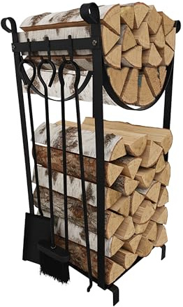 Relaxdays Kaminholzregal mit Kaminbesteck, 2 Ebenen, Feuerzange, Kaminbesen, Ascheschaufel, Holzlager, Eisen, schwarz