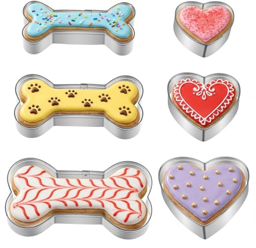 6 Pcs Dog Bone and Heart-Shaped Cookie Cutter 3 Sizes Stainless Steel Biscuit Mold Metal Dogs Treats Cookies Cutter Silver Puppy Cookie Cutters for Theme Party Treats and Homemade Baking