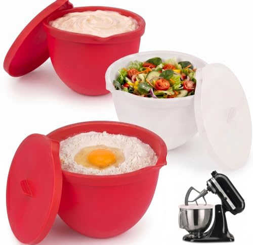 GFTIME Silikoneinsatz mit Deckel 4er Set für Kitchen Aid/KitchenAid Schüssel/Rührschüssel 4,8 L(5 Qt), Teigschüssel-Einlage Bowl Liner, Silikon Schüsseleinlage für Küchenmaschine, 2 Rot + 2 Weiß