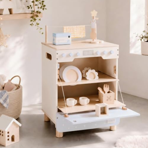 ROBUD Toy Wooden Dishwasher Playset, Pretend Role Play Kitchen Set for 3+ | Toddler Gift Playset with Cutlery, Plates, Coffee Cups Set Pretend Play for Boys & Girls, Sea Salt Blue