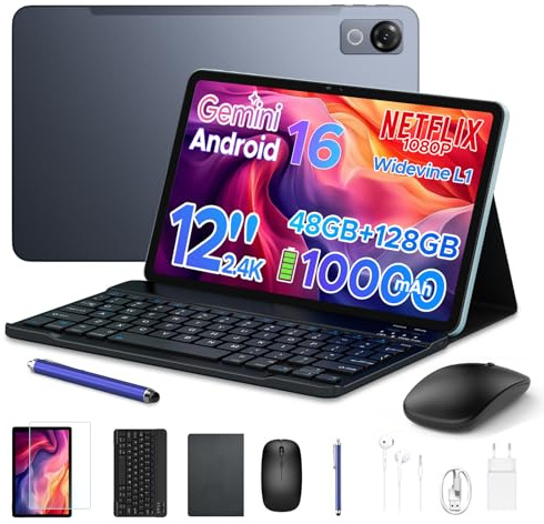 Luzglo P12 Android 16 Tablette 12 Pouces, 48Go RAM+128Go ROM/2To TF, T7280 Octa-Core, IPS 2.4K, 120Hz, 10000mAh/18W, WiFi5, 8MP+13MP, Gemini AI, Tablette avec Clavier, Face ID/OTG/GPS/FM