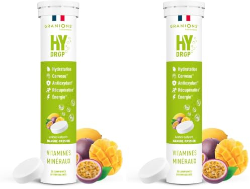 GRANIONS HYDROP - Pastilles Hydratation - Mangue/Passion - SANS SUCRES - Fabriqué en France - Electrolytes - Vitamines, Minéraux, Magnesium - Pastille Hydratation - 20 Pastilles Effervescentes