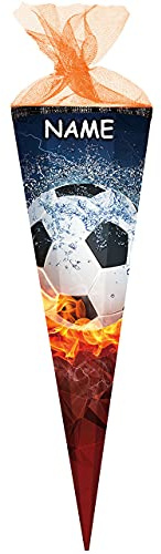 Schultüte - Fussball - Flamme - 22-100 cm - Größe wählbar - 12 eckig - incl. Name - Tüllabschluß - Zuckertüte - Nestler - mit/ohne Kunststoff Spitze -..