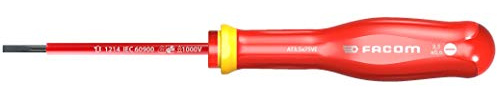 FACOM Destornillador Aislado Plano 1000V PROTWIST 3.5X75, Tratamiento Térmico, Mango Soft Grip, Tratamiento Tri-Coating, Marcado Láser, Ergonomía Optimizada, AT3.5X75VE | Destornillador con ranura Protwist Facom, diámetro 3,5 mm, hoja de 7,5 cm, aislado 1000 V