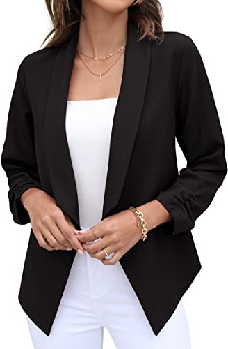 GRECERELLE Womens Blazer Suit Open Front Cardigan 3/4 Ruched Sleeve Casual Work Office Cropped Blazer Jacket for Ladies (Black, US 12= UK14-16)