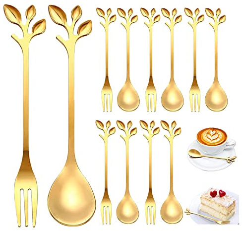 12 Pieces Gold Stainless Steel Dessert Spoons and Forks Set, 6 Leaf Spoons, 6 Leaf Forks, Mini Teaspoon, Ice Cream Spoon Fruit Fork, Party Tableware Decoration