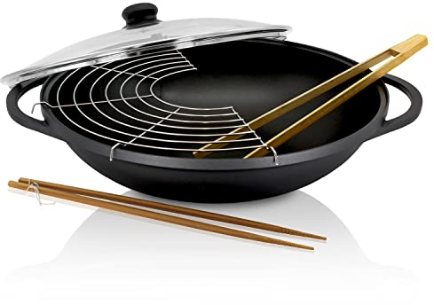 KRÜGER Aluguss-Wok Leipzig mit Glasdeckel und Zubehör 36 cm - Wokpfanne mit Antihaft Versiegelung - perfekt für die Zubereitung von Gemüse-, Nudel- und Reispfannen