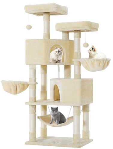 MSmask Stabiler Kratzbaum, Kratzbaum groß mit 2 Plattformen, Katzenbaum für Große Katzen, mit großer Höhle, Sisalstämme, Natur Sisal Katzenkratzbaum, Beige