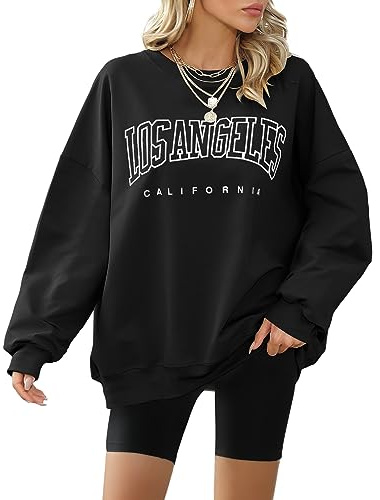 Xnova Pullover Damen Oversized Sweatshirt Damen Casual Los Angeles Rundhalsausschnitt Langarm Oberteile Top Ohne Kapuze Hip Hop, Schwarz, L