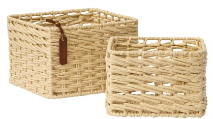 LA JOLIE MUSE Weidenkörbe zur Aufbewahrung und Organisation, Quadratischer Seil-Korb aus Recycelbarem Papier, Dekorative handgewebte Körbe Ordnung für Make-up Bücher Regale Wohnzimmer, Beige Set von 2