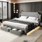 Aoskem Polsterbett 180x200 Doppelbett mit Kopfteil, LED-Bett mit Stauraum 2 Schubladen, Bettgestell mit Lattenrost, Jugendbett Flachbett mit Rückenlehne, Funktionsbett, Ohne Matratze, Leinen Grau