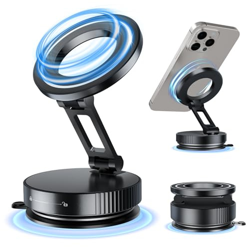 ALAFLY Soporte Magnetico Movil Coche con Ventosa, Metal Vacuum Magnetic Phone Stand [360° Rotación & Plegable] Compatible con iPhone & Android, para Auto/Espejo/Gimnasio, Negro