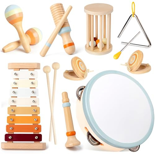 NXPZ Strumenti Musicali Bambini, Montessori Strumenti Musicali Percussioni Giocattoli, Kit di Percussioni in Legno, Regalo per Bambini di 1 2 3 4 5 6 Anni per Compleanno e Natale (8 in 1)
