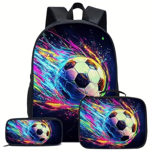 monTTese Set de 3 piezas mochila escolar niño y mochilas escolares adolescentes, mochila para amantes del futbol, bolsa de almuerzo y estuche para bolígrafos y lapiceros