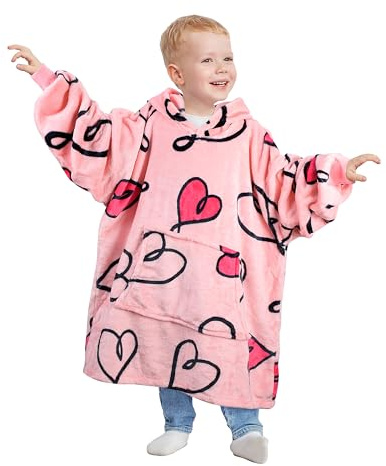 Catalonia Classy Oversize Hoodie Decke Kinder mit Ärmeln, Warm Kuscheldecke Geschenk für 110-150cm Mädchen Jungen, Übergröße Fleece Kuschelpullover mit Kapuze Decke zum Anziehen, Herz rosa