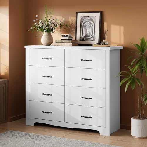 LINSY HOME Kommode 120 cm Breit - Modernes Sideboard - Schrank mit 8 Schubladen - Schubladenschrank - Kommodenschrank für Wohnzimmer, Flur, Schlafzimmer - Weiß 120x102x40 cm
