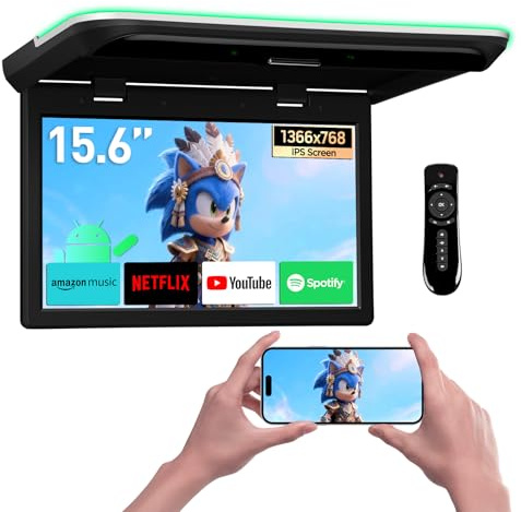 XTRONS Lecteur de voiture Android Octa Core 15,6 pouces 2 + 32 Go écran IPS large écran IPS vidéo 4K avec haut-parleurs stéréo rabattables moniteur de frais généraux prend en charge l'entrée 4G/WiFi