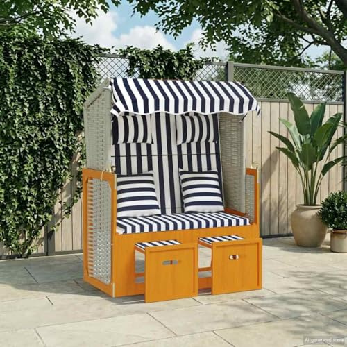 Kaloriko Strandkorb mit Kissen in Weiß Blau aus Poly Rattan und massivem Holz 115x55x133-156 cm mit Sonnendach, Verstellbarer Rückenlehne, gepolsterten Fußhockern