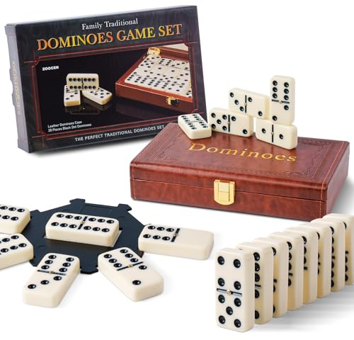 ZOOCEN Double 6 Dominoes Set in Leatherette Case (28 Tiles with Spinner), Ivory