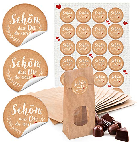 Logbuch-Verlag 24 kleine Sichtfenster Lebensmittel Beutel foliert 7 x 4 x 20,5 cm + 24 Sticker Schön dass Du da warst Mitgebsel Gastgeschenk Verpackung alle Feste