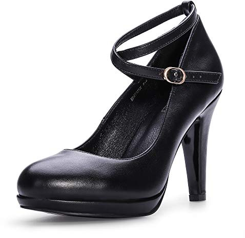 IDIFU Women's Tracy Platform High Heels Closed Toe Pumps Strappy Cross Ankle Strap Shoes for Casual Work Wedding (8 M US, Black Pu)
