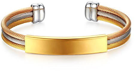 JewelryWe Schmuck Personalisiert Gravur Armband, Edelstahl Hochglanz Poliert Dreifach Draht Kabel Offen Armreif Manschette für Herren Damen, Silber/Gold/Schwarz