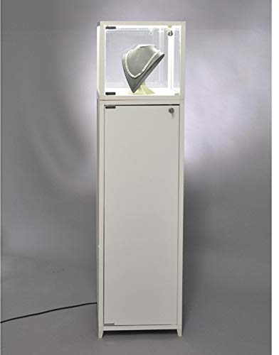 MHN Haubenvitrine T 32 x B 32 x H 132,6 cm - kleine Würfel Glasvitrine abschließbar - Aufsatzvitrine mit weißen Sockel mit Staufach - Standvitrine LED-Beleuchtung