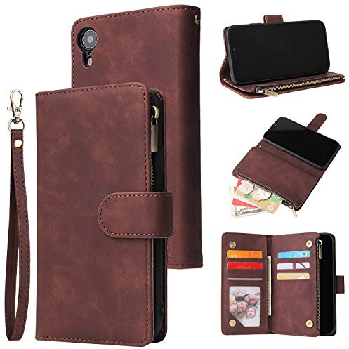 UEEBAI Wallet Case for iPhone XR, Premium Vintage PU Leather Magnetic Closure Handbag Zipper Pocket Case Kickstand Card Holder Slots with Wrist Strap TPU Shockproof Flip Cover - Coffee