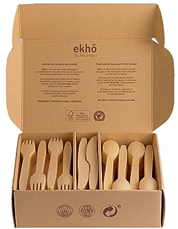 ekhõ The Wood Way! – Jeaux de 300 Couverts Jetables de Bois Durable | 120 Fourchettes + 120 Cuillères + 60 Couteaux Écologiques Biodégradables et Compostables