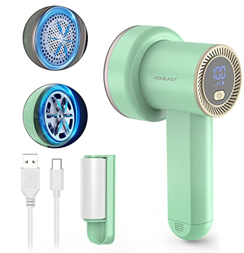 HOMEASY Fabric Shaver Fuzz Remover Rechargeable, Electric Lint Remover with 3 Blades & LED Digital Display, Sweater, Couch, Clothes, Carpet, Furniture Pill Shaver (Mint Green) | Electric sweater shaver and depiller with 70mm head, 6-leaf blades, LED battery display and Type-C charging for Furniture