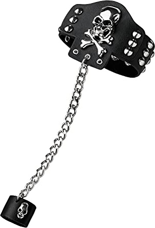 UltraByEasyPeasyStore Totenkopf mit Kette und Fingerclip Armband Leder Goth Steampunk Stil Armbänder Gothic Punk Cyber Emo Damen Herren Erwachsene Biker Rock Zubehör Manschette