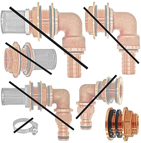 MegaHaustechnik Tank Durchführung mit Anschlag und 2 Dichtungen Loch Größe 43 mm 1 1/4 Rohr Zoll Aussen Gewinde AG x 1 Innengewinde IG Wandungsstärke max. 19 mm Regentonnen Verschraubung Messing