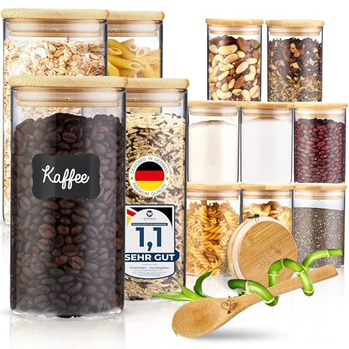 GREEN BEE`S 12er Set Vorratsglas klein - 4x600ml & 8x430ml - Passgenau für Schublade & Apothekerschrank - Nachhaltige Vorratsgläser mit Deckel luftdicht - Für Reis, Nüsse, Samen und Gewürze