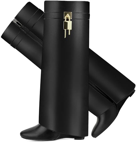 CDHYX Fold Over Boots for Women Pointy Pull-on Wedge Heel Knee Shark Boot With Side Zipper Padlock Design (Black 8.5)