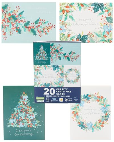 UK Greetings - Confezione da 20 biglietti di Natale assortiti con foglie invernali in 4 design