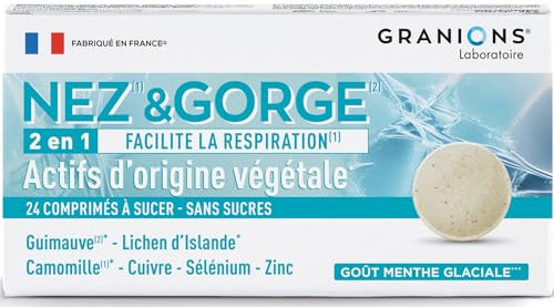 GRANIONS Nose and Throat | Dietary Supplement | 2-in-1 Adult Nasal Discomfort and Sore Throat | Marshmallow + Iceland Lichen + Chamomile | Icy Mint Flavour | Sugar Free | FR Brand | 24 Tablets
