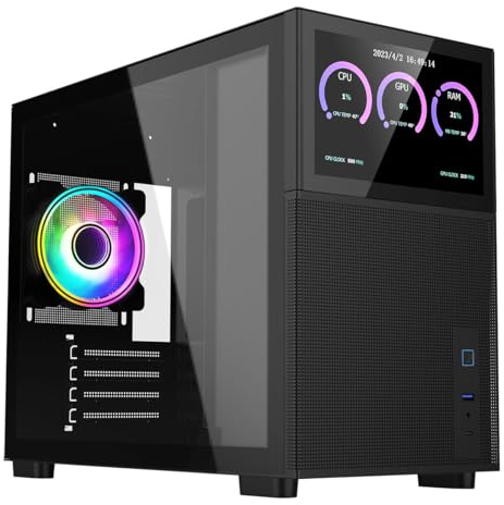 CiT Pro Jupiter Micro-ATX PC Gaming Case M/ATX with 8 LCD Screen & Tempered Glass Side Panel with 1 Rear ARGB Infinity Fan Included | Black