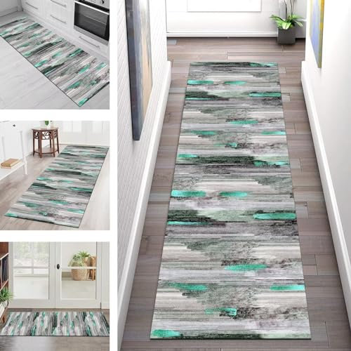 Abstrakte Läufer Küche Flur Rutschfest Türkis Violett Grau Küchenteppich Waschbar Teppich Läufer Lang Korridor Flurläufer 110X350CM Teppichmatten Dauerhaft Schlafzimmer Wohnzimmer Meterware Anpassbar