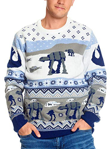 Elbenwald Jersey de Punto con Estampado Noruego Star Wars Batalla de Hoth en diseño Invernal con AT-AT y AT-ST en Gris, Azul, Blanco - XL