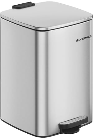 SONGMICS Kitchen Trash Can, 5.2-Gallon (20 L) Trash Bin, Stainless Steel Garbage Can, with Inner Bucket, Soft Close and Stays Open, Metallic Silver ULTB592E01