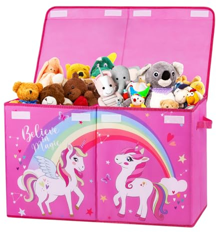 Decalsweet Unicorn Pink Kids Large Toy Storage Box with Lid,Foldable Oxford Toy Storage Organizer Box for Girls-65×30×40cm-Toy Chest with Handles for Bedroom Nursery
