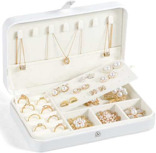 Schmuckkästchen,PU-Leder Schmuckaufbewahrung,Schmuckkasten klein,Schmuckschatulle für Damen Mädchen,Schmuckbox für Ringe Ohrringe Armbänder,Damen Frauen Geschenk(Weiß)